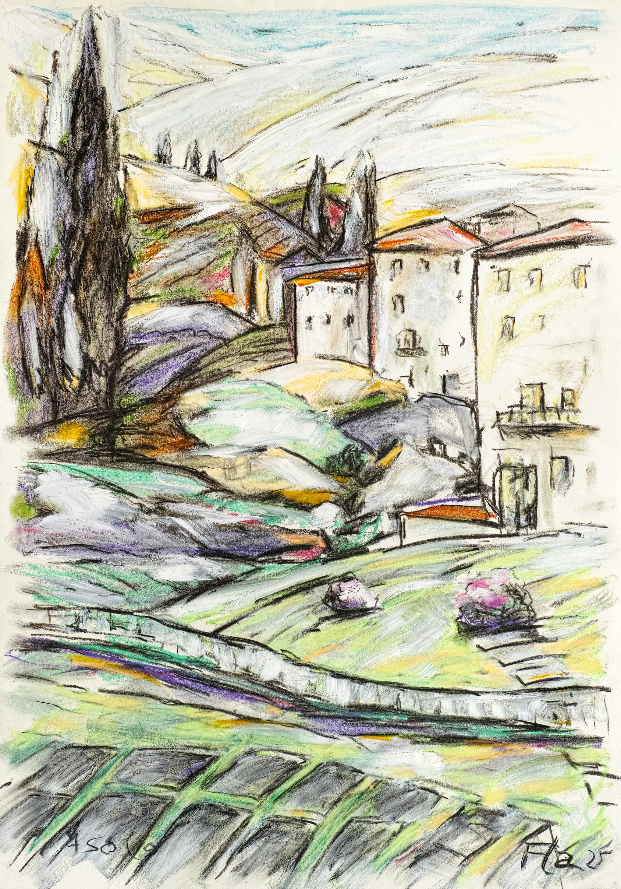 Bildtitel: Landschaft bei Asolo II Kurzbeschreibung: Die farbige Zeichnung zeigt eine hügelige Landschaft mit einem Gebäudeensemble und markanter Vegetation. Im Vordergrund sind terrassierte Felder mit diagonalen Strukturlinien und grünen, gelben und violetten Farbakzenten zu sehen. Ein Weg mit einer filigranen Brüstung führt durch die Landschaft, in der zwei kleine, rundliche Sträucher mit grünen und rosafarbenen Tönen hervortreten. Auf der linken Bildseite ragt eine hohe, dunkle Zypresse in den Himmel, die mit kräftigen Kohlestrichen und gelben Lichtern gezeichnet ist. Im Hintergrund stehen mehrere mehrstöckige Gebäude mit hellen Fassaden, unregelmäßigen Fenstern und kleinen Balkonen. Dahinter steigen sanfte Hügel an, auf denen weitere Zypressen und Bäume skizziert sind. Der Himmel ist mit leichten, blauen und weiß-gelben Pastellstrichen in Bewegung dargestellt. Unten links steht die Ortsbezeichnung "Asolo", unten rechts die Signatur des Künstlers mit der Jahreszahl "25". Technik: Mischtechnik auf Karton, 2025 Künstler: Peter Flachmann (Diese Kurzbeschreibung wurde mit KI erstellt.)