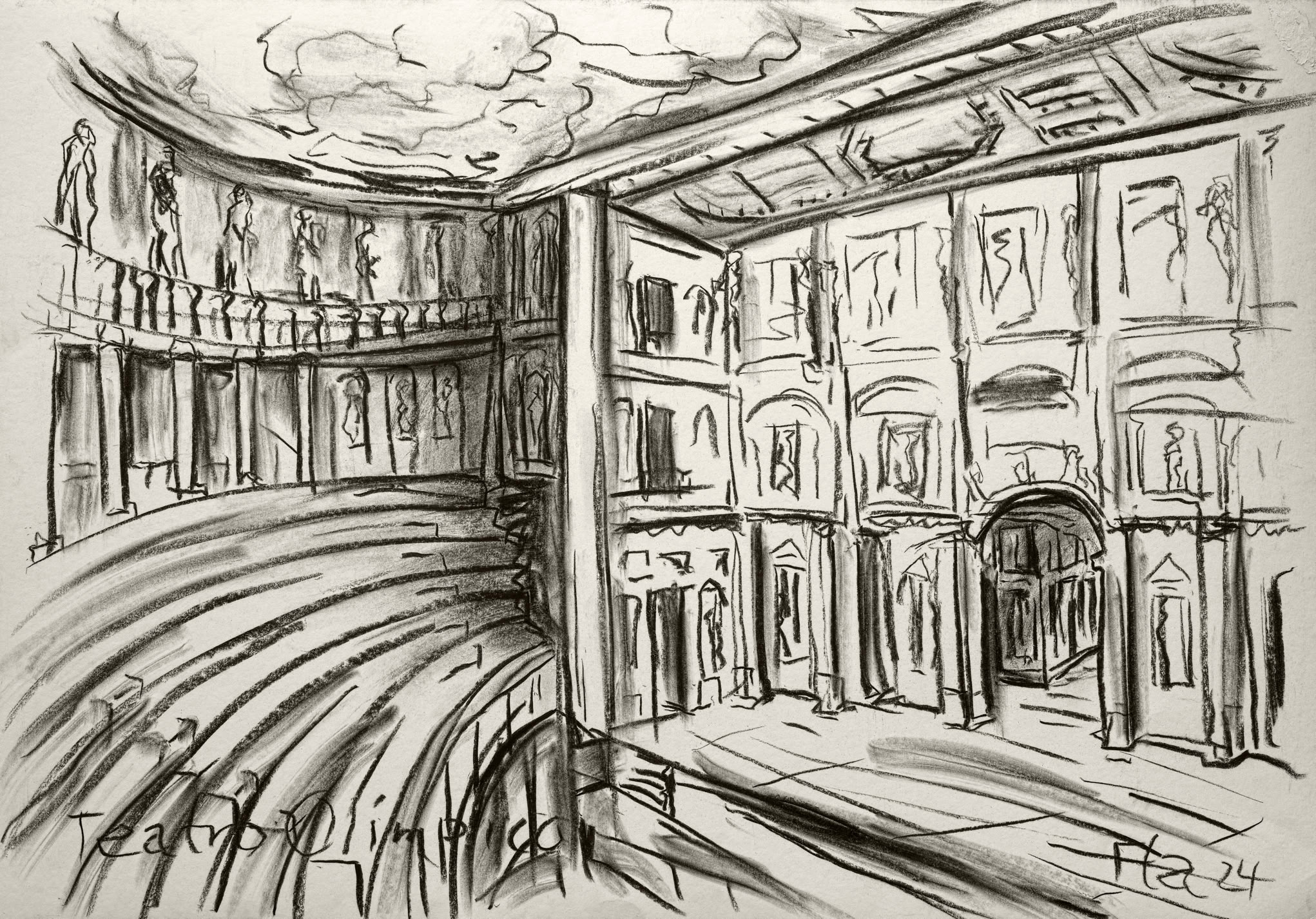 Bildtitel: Im Teatro Olimpico, Vicenza Kurzbeschreibung: Die Schwarz-Weiß-Zeichnung zeigt eine Innenansicht eines historischen Theaters mit einer Mischung aus Zuschauerraum und Bühnenarchitektur. Links ist die hufeisenförmige Sitzplatzanordnung mit ihren ansteigenden Stufenreihen zu sehen, über der eine Galerie mit Säulen und mehreren darauf stehenden Statuen thront. Rechts erhebt sich die aufwändig gestaltete, zweigeschossige Bühnenfassade (Scenae frons), die mit Nischen, Säulen und weiteren Figuren verziert ist. Im Zentrum dieser Fassade führt ein großer, dunkler Rundbogen auf die Bühne. Die Decke darüber ist mit lockeren, wellenförmigen Strichen skizziert. Die Linienführung ist lebhaft und expressiv, hält die Architektur in raschen, dynamischen Zügen fest. Unten links ist der Titel "Teatro Olimpico" und rechts die Signatur mit der Jahreszahl "24" vermerkt. Technik: Kohlestift auf Karton, 100 x 70 cm, 2024 Künstler: Peter Flachmann (Diese Kurzbeschreibung wurde mit KI erstellt.)
