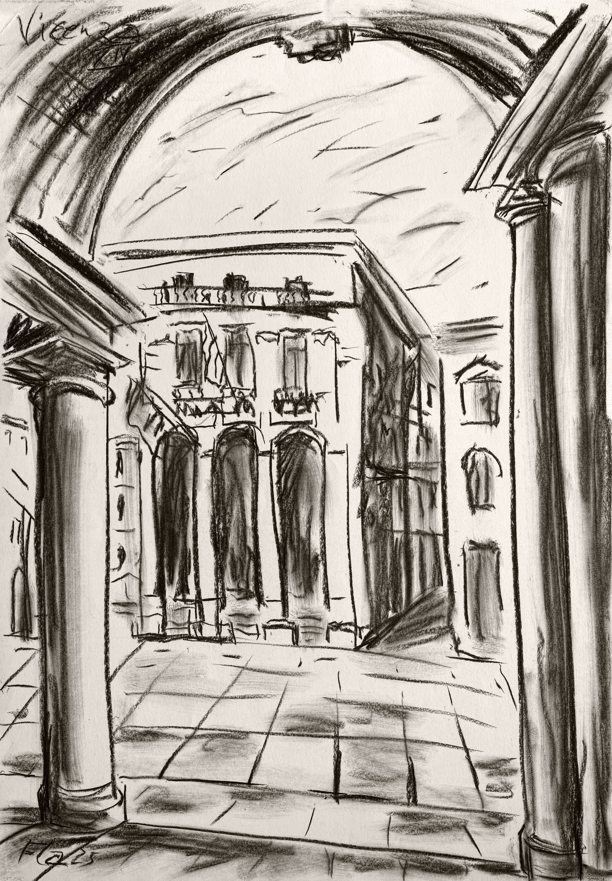 Bildtitel: Loggia del Capitaniato an der Piazza del Signori, Vicenza Technik: Kohlestift auf Karton, 70 x 100 cm, 2025 Künstler: Peter Flachmann, 2025  Kurzbeschreibung: Das Bild zeigt eine großformatige, expressive Schwarz-Weiß-Zeichnung der Loggia del Capitaniato, einem bedeutenden Renaissance-Bauwerk an der Piazza dei Signori in Vicenza. Die Arbeit wurde im Jahr 2025 vom Künstler Peter Flachmann mit Kohlestift auf Karton in den Maßen 100 x 70 cm ausgeführt.  Die Komposition nutzt eine starke rahmende Perspektive: Der Blick des Betrachters wird durch einen mächtigen, dunkel schattierten Rundbogen im Vordergrund auf die Fassade des historischen Gebäudes im Hintergrund gelenkt. Links und rechts wird der Rahmen von zwei massiven, zylindrischen Säulen mit deutlich gezeichneten Kapitälen und Sockeln gebildet. Der dazwischenliegende Boden ist mit einem geometrischen Steinpflastermuster versehen, dessen Fluchtlinien die räumliche Tiefe betonen.  Das zentrale Gebäude (die Loggia) wird dominiert von drei hohen, schmalen Rundbogenfenstern. Die tiefen Schatten in den Fensteröffnungen sowie an den seitlichen Wänden sind durch intensive, vertikale Schraffuren mit dem weichen Kohlestift erzeugt, was der Zeichnung eine starke plastische Wirkung und haptische Textur verleiht. Oberhalb der Fenster sind dekorative Nischen und ein durchlaufendes Gesims mit Balustrade skizziert. Im rechten Bildrand ist zudem ein Ausschnitt eines angrenzenden Gebäudes mit einem weiteren Bogenfenster zu erkennen. Der Himmel über der Architektur wird durch kurze, schnelle und schräg verlaufende Kohlestriche angedeutet.  Im oberen linken Bildbereich ist handschriftlich der Ort „Vicenza“ vermerkt. Unten links befindet sich die Signatur des Künstlers („Fla“) sowie die Jahreszahl „2025“. Die raue Beschaffenheit des Kartons ist in den hellen Bereichen der Zeichnung sichtbar und unterstreicht den skizzenhaften, spontanen Charakter des Kunstwerks. (Diese Kurzbeschreibung wurde mit KI erstellt.)
