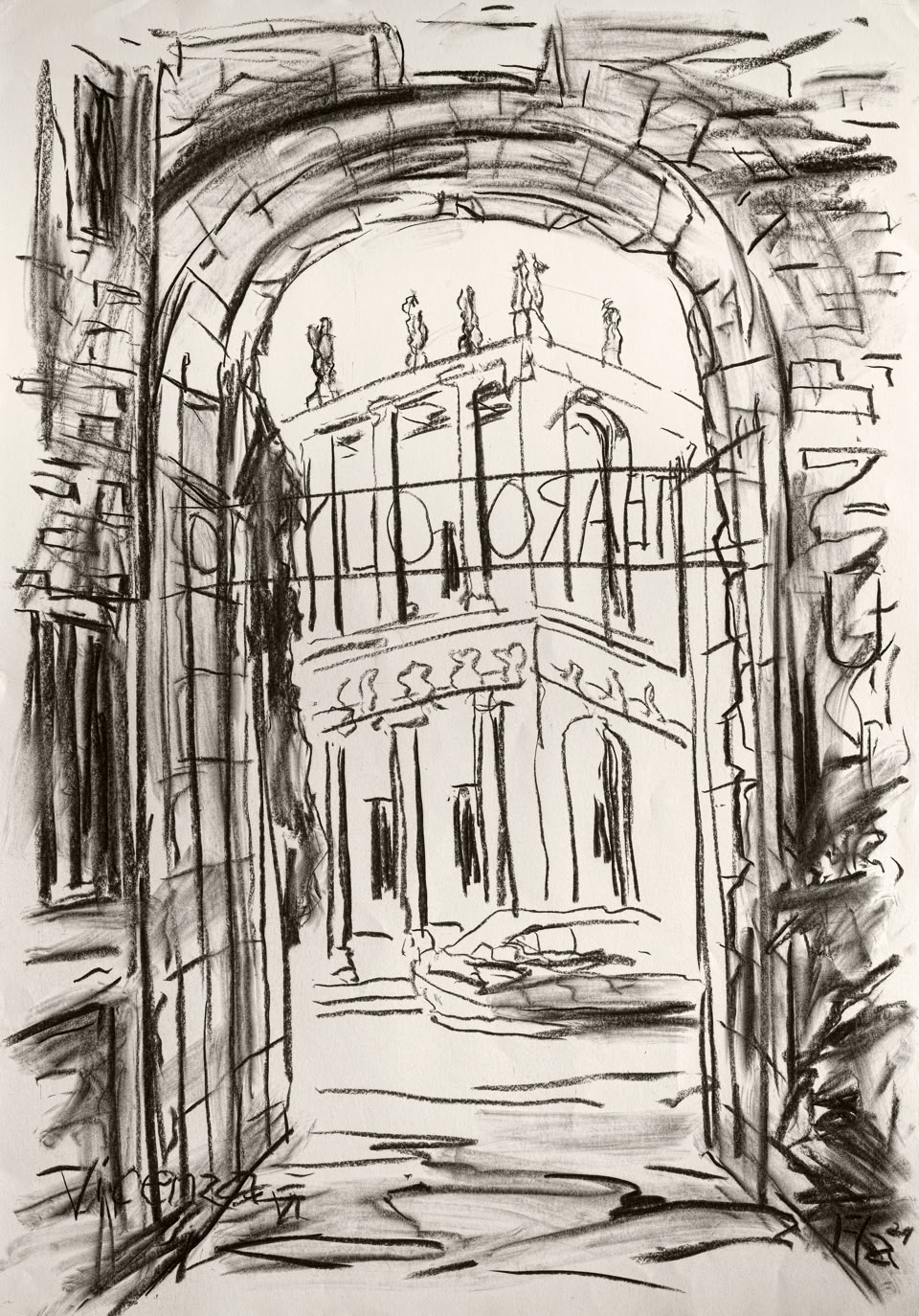 Bildtitel: Eingangstor zum Teatro Olimpico in Vicenza Kurzbeschreibung: Die Schwarz-Weiß-Zeichnung zeigt eine perspektivische Ansicht durch einen massiven, rustikalen Rundbogen, der den Blick auf ein im Hintergrund liegendes, klassizistisches Gebäude freigibt. Das Mauerwerk des Torbogens ist mit kräftigen, rauen Strichen skizziert. Durch die Öffnung erblickt man die Fassade des Teatro Olimpico mit ihren schlanken Säulen, dem charakteristischen, mehrfach gegliederten Gebälk und einer Reihe von Statuen, die auf der obersten Balustrade thronen. Am Boden vor dem Gebäude deuten flüchtige Linien eine große Freitreppe oder einen Weg an. Die Zeichnung fängt die räumliche Tiefe ein und nutzt starke Licht-Schatten-Kontraste. Unten links ist die Ortsangabe "Vicenza" sowie die Signatur und das Jahr "24" des Künstlers vermerkt. Technik: Kohlestift auf Karton, 70 x 100 cm, 2024 Künstler: Peter Flachmann (Diese Kurzbeschreibung wurde mit KI erstellt.)