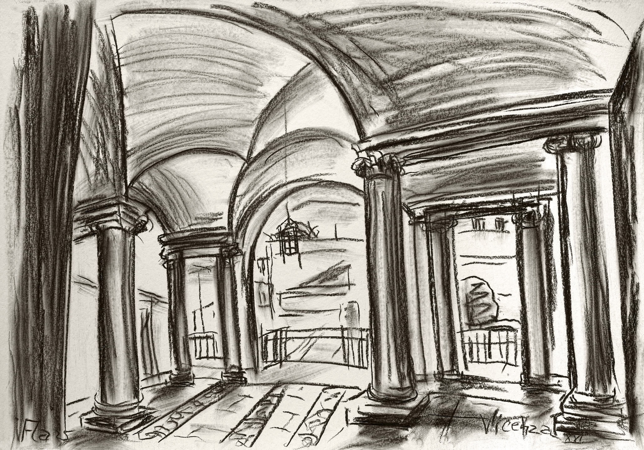 Bildtitel: Eingangshalle des Palazzo Barbaran da Porto, Palladio Museum Kurzbeschreibung: Die Schwarz-Weiß-Zeichnung zeigt die Innenansicht einer imposanten Säulenhalle. Markante, massive Säulen mit verzierten Kapitellen tragen ein weitgespanntes Kreuzgewölbe. Durch die Öffnungen zwischen den Säulen im Hintergrund blickt man auf ein dahinterliegendes Stockwerk mit einem Geländer. Von der Decke hängt eine skizzierte Leuchte herab. Der gezeichnete Fußboden zeigt eine klare Struktur aus rechteckigen Steinplatten. Die Linienführung ist lebendig und betont die räumliche Tiefe und die architektonischen Formen. Technik: Kohlestift auf Karton, 100 x 70 cm, 2025 Künstler: Peter Flachmann (Diese Kurzbeschreibung wurde mit KI erstellt.)