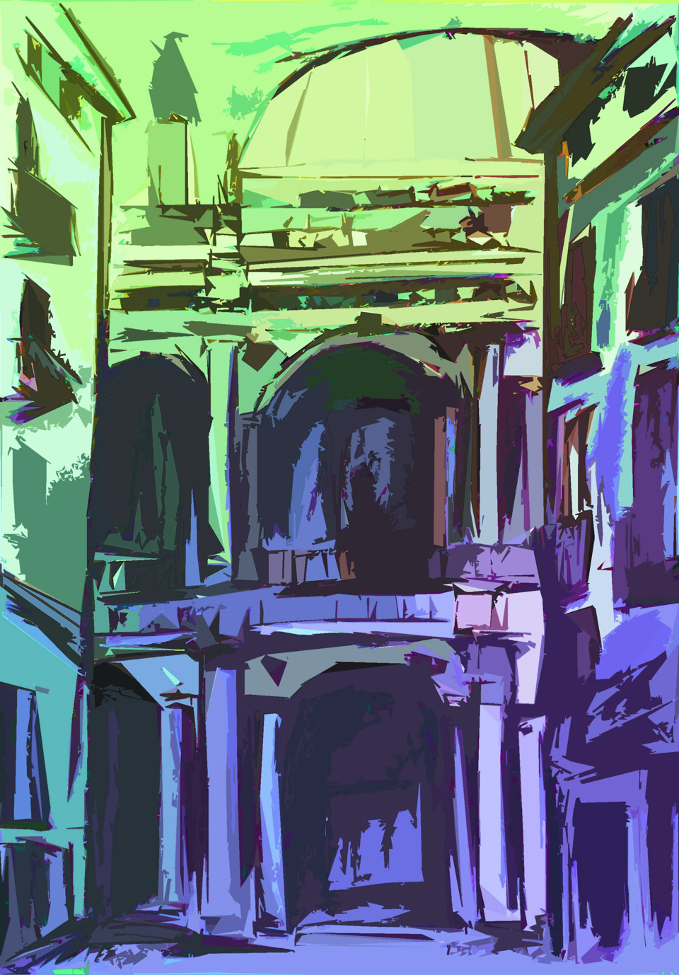 Bildtitel: Basilica Palladiana Kurzbeschreibung: Das digitale Kunstwerk zeigt eine verfremdete, stark stilisierte Darstellung der Basilica Palladiana. Die Architektur der zweigeschossigen Fassade mit großen Rundbögen, massiven Säulen und der bekrönenden Kuppel ist klar erkennbar, jedoch in einer ungewöhnlichen, abstrakten Farbpalette umgesetzt. Die obere Hälfte des Bildes wird von leuchtenden, neonartigen Grün- und Gelbtönen dominiert, während die untere Hälfte, die Schattenbereiche und die seitlich angrenzenden Gebäude in kräftigen Blau-, Violett- und Lilatönen gehalten sind. Die Farbflächen sind großzügig, kantig und flächig aufgetragen, was dem Bild einen modernen, plakativen oder pop-artigen Charakter verleiht. Es handelt sich um eine Bearbeitung des zuvor gezeigten Kohlestift-Motivs in digitaler Form. Technik: Computergrafik, 2026 Künstler: Peter Flachmann (Diese Kurzbeschreibung wurde mit KI erstellt.)