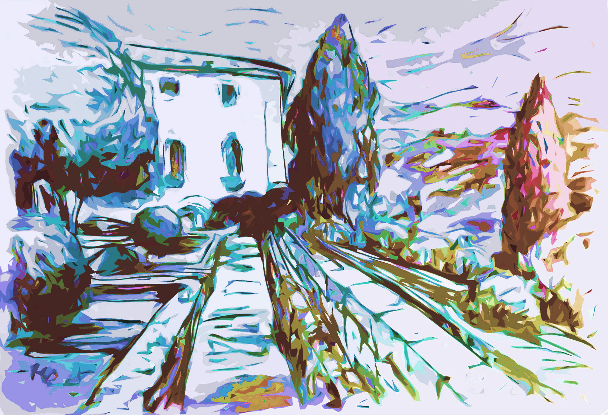 Bildtitel: Im Park der Villa Amarena Kurzbeschreibung: Das digitale Kunstwerk zeigt eine stilisierte, farbintensive Interpretation einer Park- und Villenansicht. Das Motiv entspricht der Komposition der zuvor gezeigten Zeichnung „Im Park der Villa Valmarana ai Nani mit der Foresteria“, wurde jedoch in eine moderne Computergrafik übertragen. Im Zentrum führt eine breite, terrassierte Treppenanlage nach oben zu einem hellen, zweigeschossigen Gebäude mit zwei markanten Bogenfenstern im Obergeschoss. Die Treppe wird von zwei hohen, schlanken Zypressen flankiert. Die ursprünglich schwarz-weiße Kohlezeichnung ist hier in abstrakte, leuchtende Farbflächen aus Türkis, Hellblau, Violett, Grün und Braun aufgelöst. Die Strukturen sind kantig und flächig dargestellt, was dem Bild einen modernen, digitalen Charakter verleiht. Unten links ist die Künstlersignatur zu erkennen. Technik: Computergrafik, 2026 Künstler: Peter Flachmann (Diese Kurzbeschreibung wurde mit KI erstellt.)