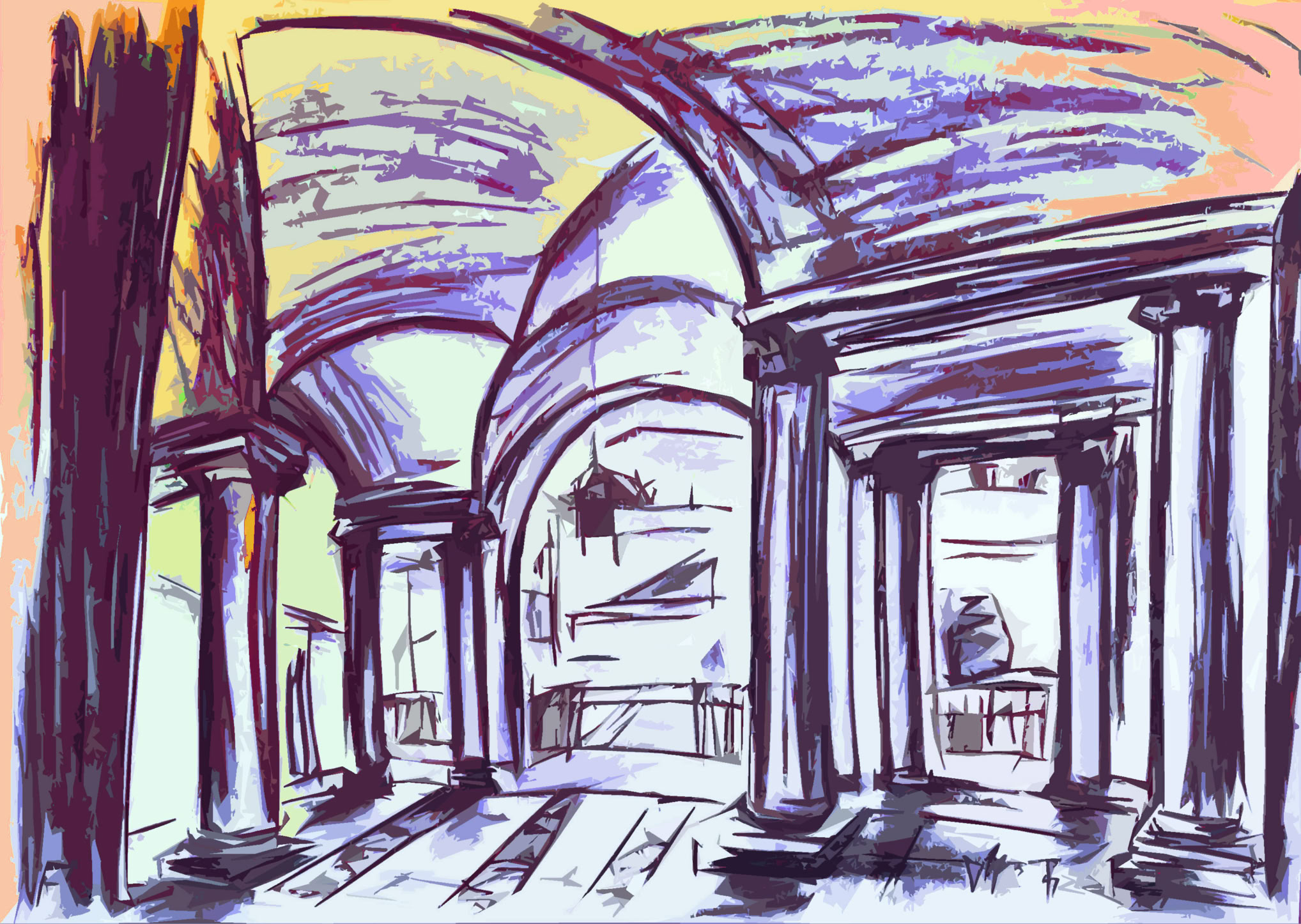 Bildtitel: Vicenza XVI Kurzbeschreibung: Das digitale Kunstwerk zeigt eine stilisierte Innenansicht einer imposanten Säulenhalle mit weitgespannten Kreuzgewölben – eine digitale Variation der zuvor gezeigten Kohlestift-Zeichnung der Eingangshalle des Palazzo Barbaran da Porto. Markante Säulen mit verzierten Kapitellen tragen die Decke. Durch die Öffnungen zwischen den Säulen im Hintergrund blickt man auf ein dahinterliegendes Stockwerk mit einem Geländer und einer skizzierten, hängenden Leuchte. Der Boden ist mit rechteckigen Steinplatten strukturiert. Die Farbgebung ist lebhaft und unkonventionell: Das Gewölbe und die oberen Partien leuchten in Pastelltönen von Gelb, Hellgrün und zartem Orange, während die Säulen, Bögen und tiefen Schatten in kräftigem Violett, Marineblau und Dunkelrot gehalten sind. Die Linienführung bleibt skizzenhaft und dynamisch. Technik: Computergrafik, 2026 Künstler: Peter Flachmann (Diese Kurzbeschreibung wurde mit KI erstellt.)