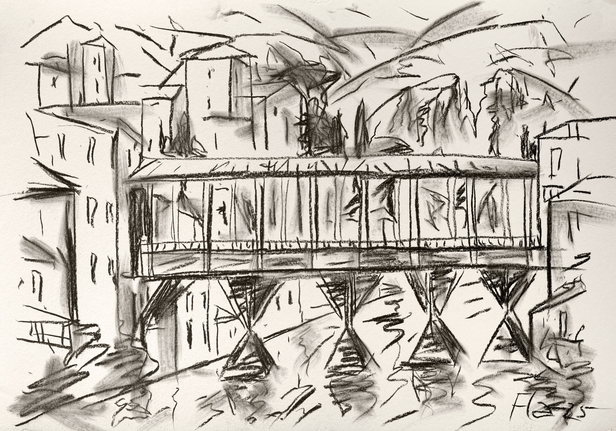 Bildtitel: Palladio-Brücke über die Brenta in Bassano del Grappa Kurzbeschreibung: Die Schwarz-Weiß-Zeichnung zeigt die berühmte, überdachte Holzbrücke von Bassano del Grappa. Die Brücke erstreckt sich horizontal über die Bildmitte und wird von mehreren markanten, X-förmigen Holzstützen getragen, die tief im Wasser verankert sind. Der überdachte Brückenkörper ist durch senkrechte Streben gegliedert, die offene Durchblicke auf die dahinterliegende Landschaft ermöglichen. Im Hintergrund erheben sich skizzenhaft angedeutete, mehrstöckige Häuser der Stadt sowie die sanften Konturen der Berge. Das Wasser unter der Brücke ist durch kurze, wellenförmige Kohlestriche und weiße Aussparungen als bewegte Flussströmung dargestellt. Die Zeichnung besticht durch ihre lockere, dynamische Linienführung, die sowohl die Architektur als auch die Umgebung schnell und lebendig einfängt. Unten rechts ist die Signatur des Künstlers mit der Jahreszahl "25" zu sehen. Technik: Kohlestift auf Karton, 100 x 70 cm, 2025 Künstler: Peter Flachmann (Diese Kurzbeschreibung wurde mit KI erstellt.)