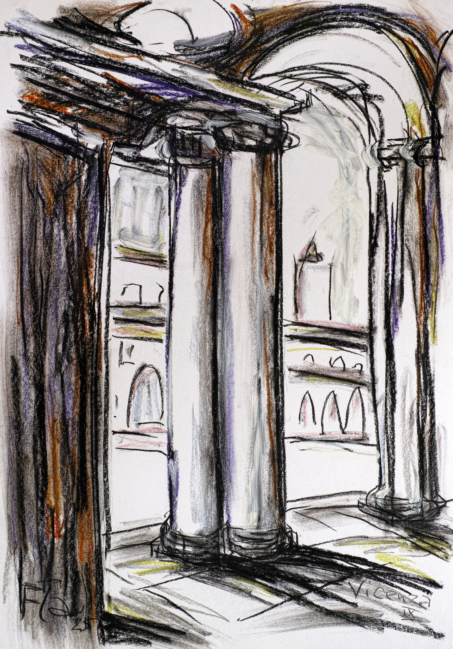 Bildtitel: Säulen der Arkade in der Basilica Palladiana, Vicenza II Kurzbeschreibung: Die farbige Skizze zeigt eine Nahaufnahme von zwei massiven, runden Säulen einer Arkade, die ein schweres, skizziertes Gesims und einen Rundbogen tragen. Durch die Öffnung zwischen den Säulen hindurch erblickt man eine zweite architektonische Ebene: eine horizontal verlaufende Brüstung, hinter der sich eine Reihe kleiner, spitz zulaufender Bögen oder Zierformen abzeichnet. Das Kunstwerk kombiniert lebendige, schwarze Kohlestift-Konturen mit Farbpastellkreiden, die in dezenten Tönen von Orange, Violett und Gelb auf dem weißen Karton die Struktur und das Licht einfangen. Am unteren Rand befinden sich die Initialen des Künstlers, die Jahreszahl 24 sowie die Ortsangabe "Vicenza". Technik: Kohlestift und Farbpastellkreide auf Karton, 70 x 100 cm, 2025 Künstler: Peter Flachmann (Diese Kurzbeschreibung wurde mit KI erstellt.)