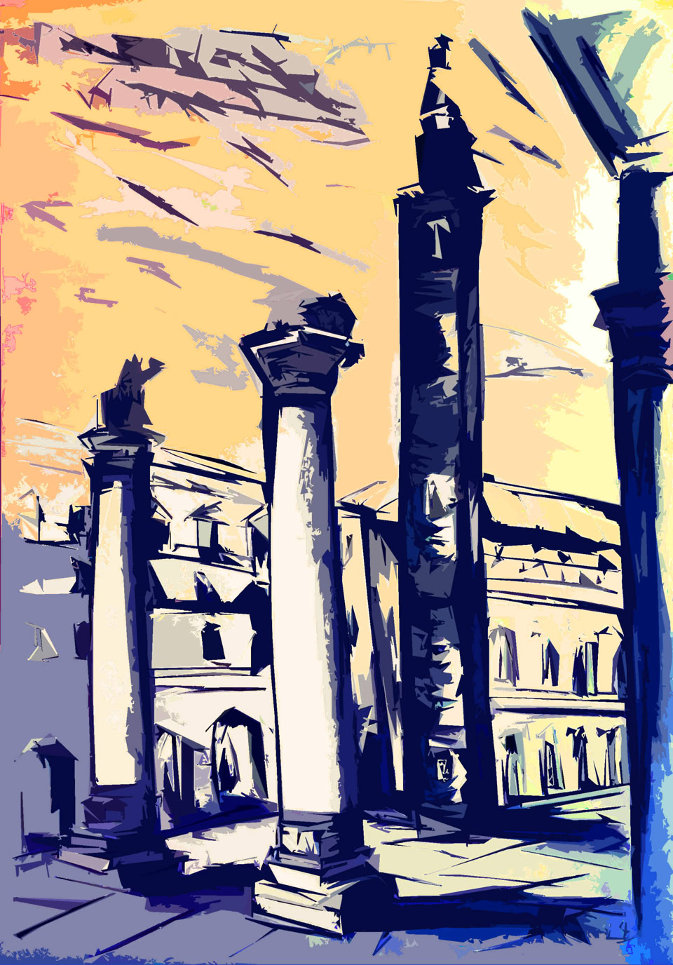 Bildtitel: Piazza in Vicenza Kurzbeschreibung: Das digitale Kunstwerk zeigt eine stilisierte, farbkontrastreiche Ansicht eines historischen Platzes. Im Vordergrund dominieren drei markante, monumentale Säulen: Die linke und die mittlere Säule sind relativ hell und tragen Kapitelle mit skulpturalem Aufsatz (Statuen); die rechte Säule ist in dunklem Blau-Violett gehalten und wesentlich höher, mit einem spitz zulaufenden, turmartigen Abschluss. Im Hintergrund sind die Umrisse umliegender Gebäude mit klassischen Arkaden und Fensterreihen angedeutet. Die Bildsprache nutzt harte, schwarze Konturen und großflächige, kantig aufgetragene Farbblöcke. Der Himmel leuchtet in warmen Gelb-, Orange- und zarten Rosatönen, während die Architektur und die Schatten in kräftigem Blau, Violett und tiefem Marineblau gehalten sind. Der Boden des Platzes ist durch geometrische Flächen und Schattierungen strukturiert. Technik: Computergrafik, 2026 Künstler: Peter Flachmann (Diese Kurzbeschreibung wurde mit KI erstellt.)