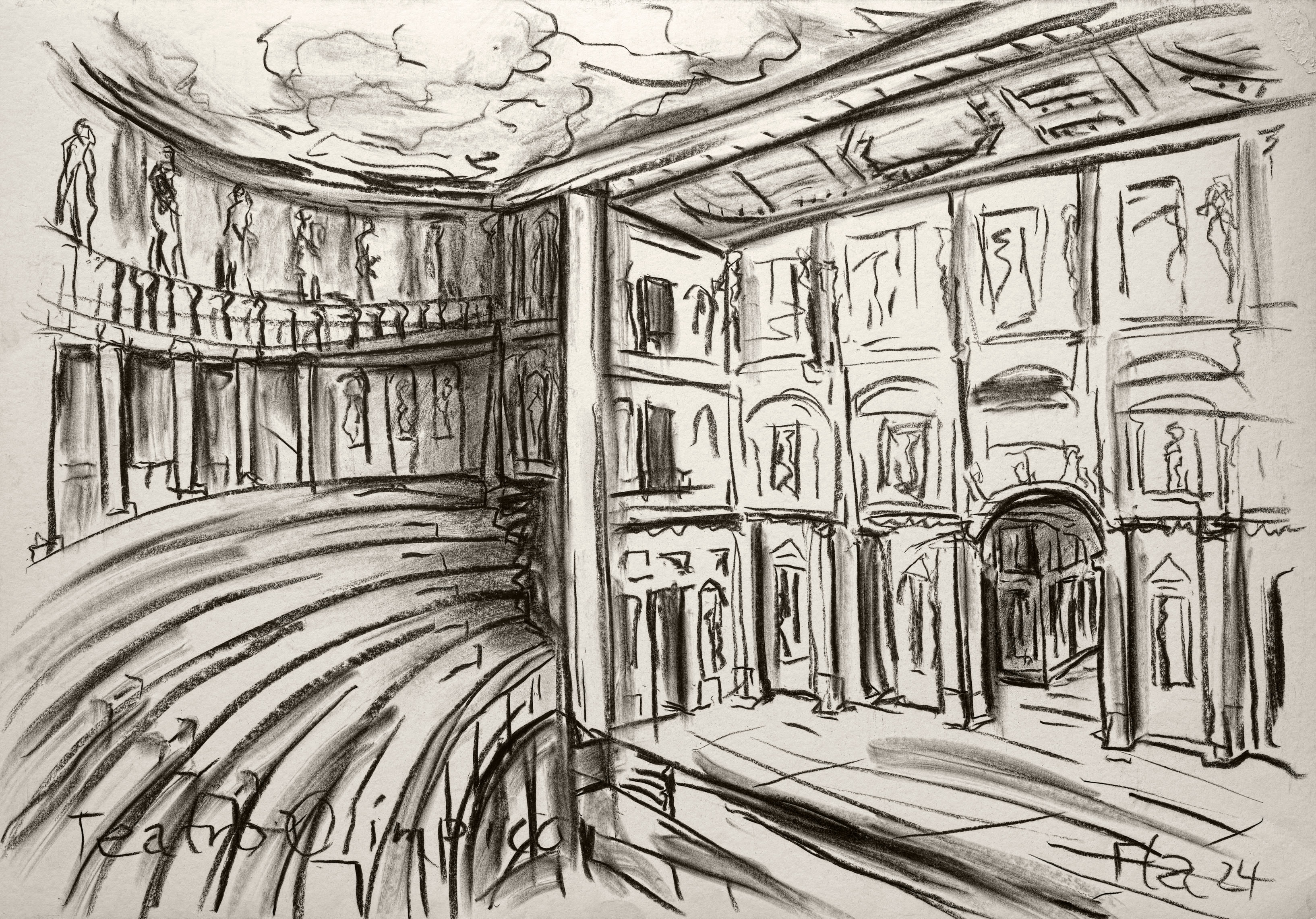 Bildtitel: Im Teatro Olimpico, Vicenza Kurzbeschreibung: Die Schwarz-Weiß-Zeichnung zeigt eine Innenansicht eines historischen Theaters mit einer Mischung aus Zuschauerraum und Bühnenarchitektur. Links ist die hufeisenförmige Sitzplatzanordnung mit ihren ansteigenden Stufenreihen zu sehen, über der eine Galerie mit Säulen und mehreren darauf stehenden Statuen thront. Rechts erhebt sich die aufwändig gestaltete, zweigeschossige Bühnenfassade (Scenae frons), die mit Nischen, Säulen und weiteren Figuren verziert ist. Im Zentrum dieser Fassade führt ein großer, dunkler Rundbogen auf die Bühne. Die Decke darüber ist mit lockeren, wellenförmigen Strichen skizziert. Die Linienführung ist lebhaft und expressiv, hält die Architektur in raschen, dynamischen Zügen fest. Unten links ist der Titel "Teatro Olimpico" und rechts die Signatur mit der Jahreszahl "24" vermerkt. Technik: Kohlestift auf Karton, 100 x 70 cm, 2024 Künstler: Peter Flachmann (Diese Kurzbeschreibung wurde mit KI erstellt.)