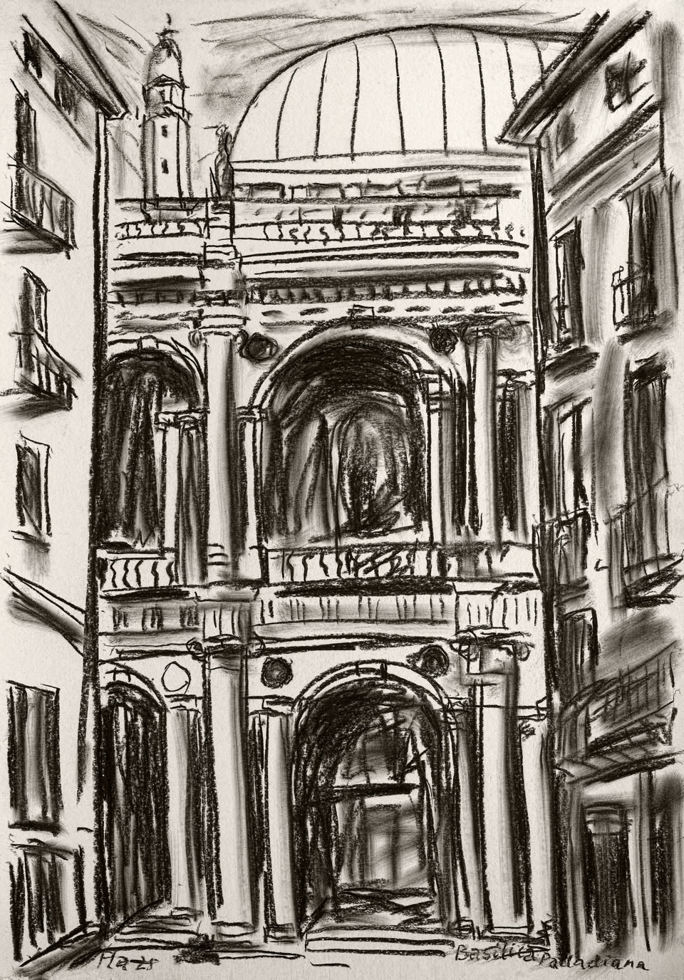 Bildtitel: Basilica Palladiana, Vicenza Kurzbeschreibung: Die Schwarz-Weiß-Zeichnung zeigt eine markante, zweigeschossige Fassade der Basilica Palladiana, die von zwei schmalen, angrenzenden Gebäuden mit Balkonen und Fenstern flankiert wird. Das zentrale Gebäude ist architektonisch reich gegliedert: Im Erdgeschoss führt ein großer, dunkler Rundbogen als Durchgang in das Gebäudeinnere, gerahmt von massiven Säulen. Darüber befindet sich eine offene Loggia mit einer weiteren hohen Rundbogen-Nische, die tiefe Schatten aufweist. Das Bauwerk wird von einer großen, segmentierten Kuppel und einem schlanken Glockenturm an der linken Seite bekrönt. Die Zeichnung nutzt starke Kontraste aus tiefschwarzen Schraffuren und weißen Aussparungen, um die plastischen Formen der Architektur hervorzuheben. Technik: Kohlestift auf Karton, 70 x 100 cm, 2024 Künstler: Peter Flachmann (Diese Kurzbeschreibung wurde mit KI erstellt.)
