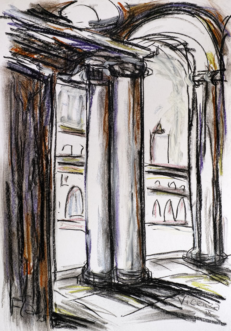 Bildtitel: Säulen der Arkade in der Basilica Palladiana, Vicenza II Kurzbeschreibung: Die farbige Skizze zeigt eine Nahaufnahme von zwei massiven, runden Säulen einer Arkade, die ein schweres, skizziertes Gesims und einen Rundbogen tragen. Durch die Öffnung zwischen den Säulen hindurch erblickt man eine zweite architektonische Ebene: eine horizontal verlaufende Brüstung, hinter der sich eine Reihe kleiner, spitz zulaufender Bögen oder Zierformen abzeichnet. Das Kunstwerk kombiniert lebendige, schwarze Kohlestift-Konturen mit Farbpastellkreiden, die in dezenten Tönen von Orange, Violett und Gelb auf dem weißen Karton die Struktur und das Licht einfangen. Am unteren Rand befinden sich die Initialen des Künstlers, die Jahreszahl 24 sowie die Ortsangabe "Vicenza". Technik: Kohlestift und Farbpastellkreide auf Karton, 70 x 100 cm, 2025 Künstler: Peter Flachmann (Diese Kurzbeschreibung wurde mit KI erstellt.)