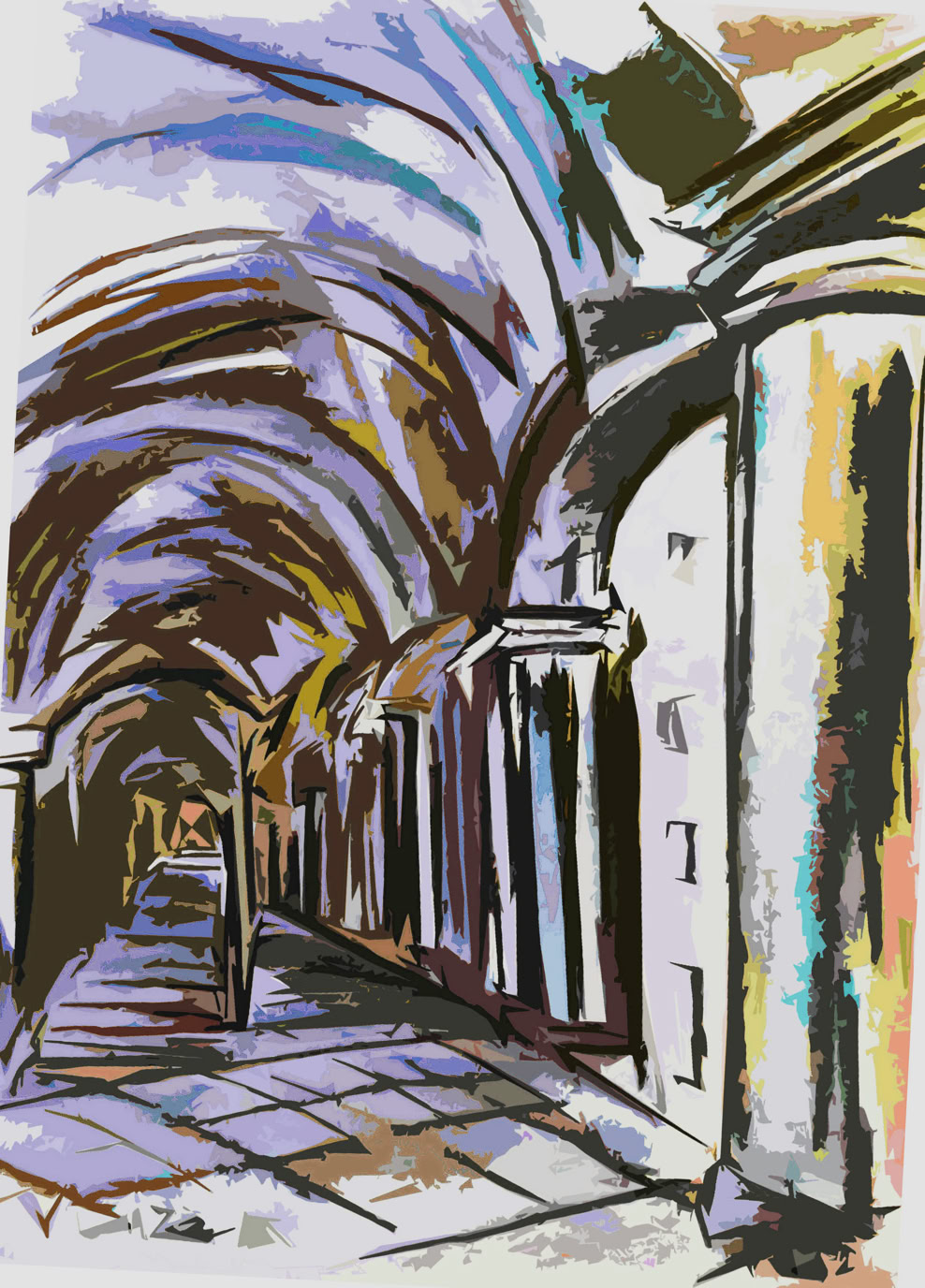 Bildtitel: Vicenza III Kurzbeschreibung: Das digitale Kunstwerk zeigt eine stilisierte, farbintensive Interpretation eines langen, überwölbten Arkadengangs. Das Motiv entspricht der zuvor gezeigten Kohlestift-Zeichnung „In den Arkaden der Basilica Palladiana, Vicenza“, wurde jedoch in eine moderne Computergrafik mit plakativen, kantigen Farbflächen übertragen. Die mächtigen Säulen und die hohen Kreuzgewölbe erzeugen eine starke perspektivische Tiefe, die das Auge bis in den Hintergang lenkt. Die ursprünglich schwarz-weißen Strukturen sind in ungewöhnliche Farbtöne aufgelöst: Die Gewölbebögen leuchten in Lavendel und Blau, durchsetzt mit Brauntönen; die Säulen und der Boden sind in Grau, Weiß, Ocker und zarten Blau-Violett-Tönen gehalten. Die Konturen bleiben als scharfe, dunkle Linien erhalten, was dem Werk den Charakter einer digitalen Illustration oder eines grafischen Posters verleiht. Technik: Computergrafik, 2026 Künstler: Peter Flachmann (Diese Kurzbeschreibung wurde mit KI erstellt.)