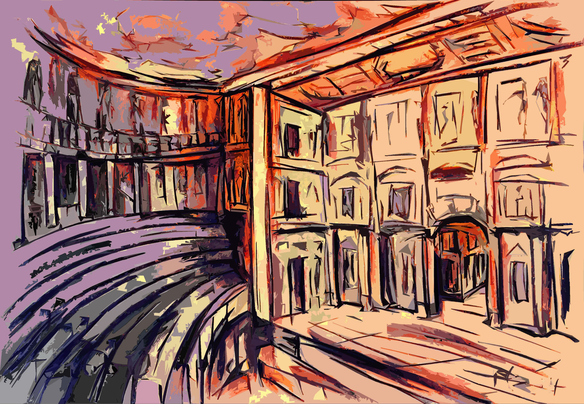 Bildtitel: Teatro Olimpico Kurzbeschreibung: Das digitale Kunstwerk zeigt eine farbintensive, stilisierte Innenansicht des Teatro Olimpico. Das Motiv entspricht der zuvor gezeigten Kohlestift-Zeichnung, wurde jedoch in eine moderne Computergrafik mit kräftigen, kantigen Farbflächen und expressiven Pinselstrukturen übertragen. Links ist das hufeisenförmige Zuschauerrund mit seinen ansteigenden Stufen und der Galerie mit Säulen und Statuen zu sehen. Rechts erhebt sich die prachtvolle, zweigeschossige Bühnenfassade (Scenae frons) mit ihren Nischen, Säulen und dem zentralen Rundbogen. Die Farbpalette ist ungewöhnlich und dynamisch: Die Zuschauerränge und Schattenpartien sind in tiefem Violett und Blau gehalten, während die Bühnenarchitektur und die Decke in leuchtenden Orange-, Rot- und warmen Gelbtönen erstrahlen. Die Kombination aus schwarzen Konturlinien und flächigen, teils verwischten Farben verleiht dem Bild eine lebendige, fast dramatische Atmosphäre. Unten rechts ist die Signatur des Künstlers zu erkennen. Technik: Computergrafik, 2026 Künstler: Peter Flachmann (Diese Kurzbeschreibung wurde mit KI erstellt.)