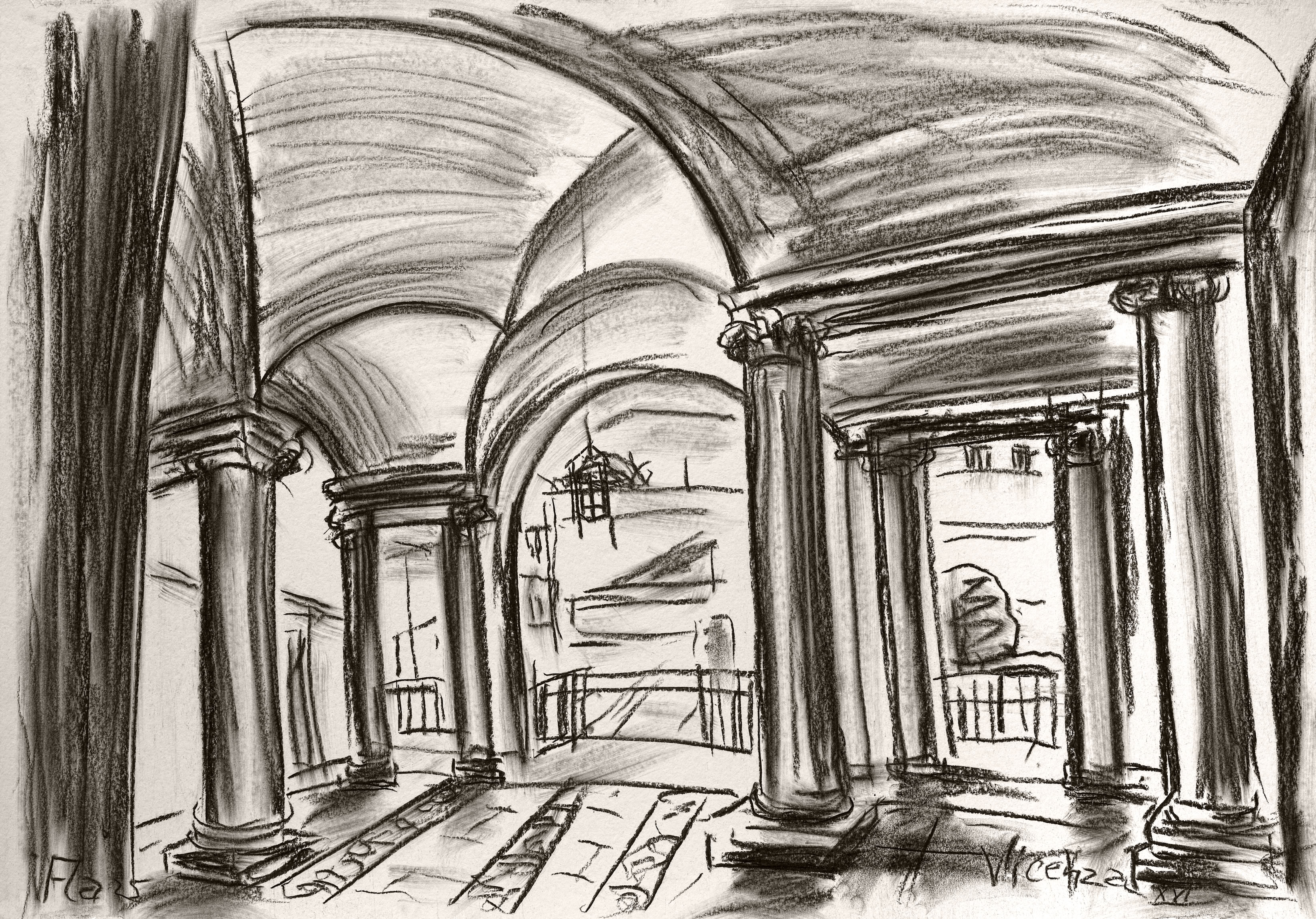Bildtitel: Eingangshalle des Palazzo Barbaran da Porto, Palladio Museum Kurzbeschreibung: Die Schwarz-Weiß-Zeichnung zeigt die Innenansicht einer imposanten Säulenhalle. Markante, massive Säulen mit verzierten Kapitellen tragen ein weitgespanntes Kreuzgewölbe. Durch die Öffnungen zwischen den Säulen im Hintergrund blickt man auf ein dahinterliegendes Stockwerk mit einem Geländer. Von der Decke hängt eine skizzierte Leuchte herab. Der gezeichnete Fußboden zeigt eine klare Struktur aus rechteckigen Steinplatten. Die Linienführung ist lebendig und betont die räumliche Tiefe und die architektonischen Formen. Technik: Kohlestift auf Karton, 100 x 70 cm, 2025 Künstler: Peter Flachmann (Diese Kurzbeschreibung wurde mit KI erstellt.)