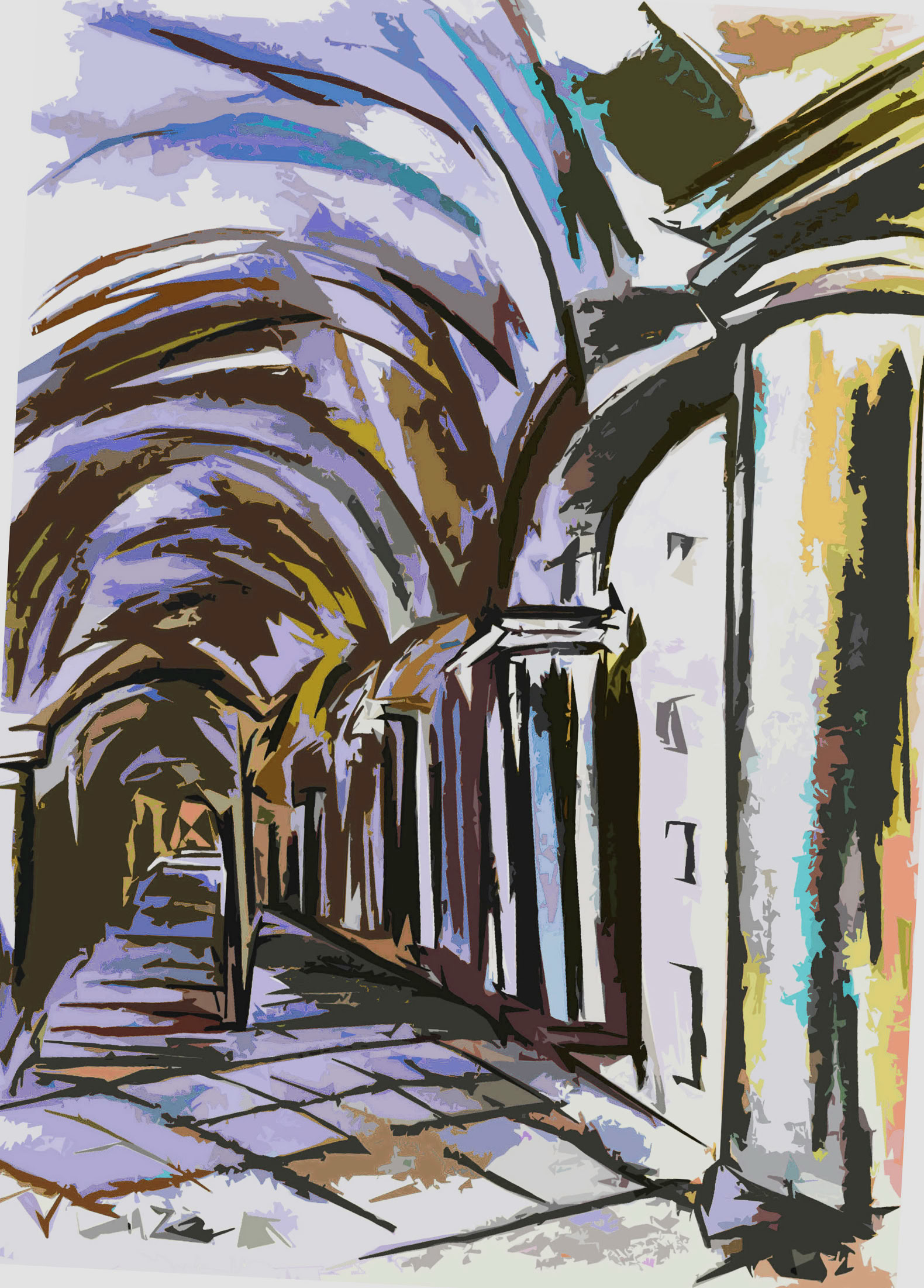 Bildtitel: Vicenza III Kurzbeschreibung: Das digitale Kunstwerk zeigt eine stilisierte, farbintensive Interpretation eines langen, überwölbten Arkadengangs. Das Motiv entspricht der zuvor gezeigten Kohlestift-Zeichnung „In den Arkaden der Basilica Palladiana, Vicenza“, wurde jedoch in eine moderne Computergrafik mit plakativen, kantigen Farbflächen übertragen. Die mächtigen Säulen und die hohen Kreuzgewölbe erzeugen eine starke perspektivische Tiefe, die das Auge bis in den Hintergang lenkt. Die ursprünglich schwarz-weißen Strukturen sind in ungewöhnliche Farbtöne aufgelöst: Die Gewölbebögen leuchten in Lavendel und Blau, durchsetzt mit Brauntönen; die Säulen und der Boden sind in Grau, Weiß, Ocker und zarten Blau-Violett-Tönen gehalten. Die Konturen bleiben als scharfe, dunkle Linien erhalten, was dem Werk den Charakter einer digitalen Illustration oder eines grafischen Posters verleiht. Technik: Computergrafik, 2026 Künstler: Peter Flachmann (Diese Kurzbeschreibung wurde mit KI erstellt.)